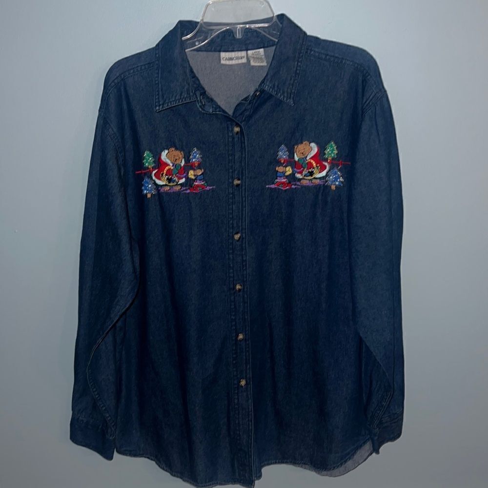 Women’s Large Vintage denim long sleeved Holiday Christmas shirt ~ Grandma core